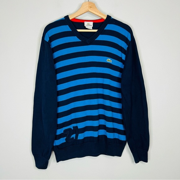 Vintage Lacoste Blue Striped V-Neck Pullover 6 XL - Picture 1 of 6